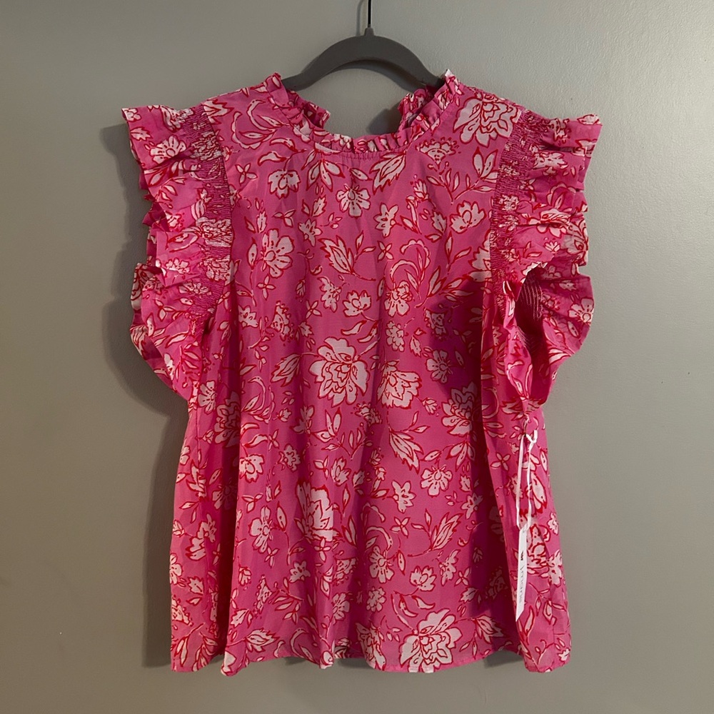 Ruffled Pink and White Short Sleeve Blouse